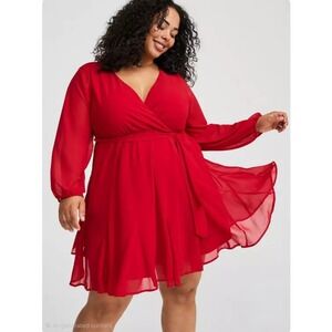 Torrid Chiffon Surplice Wrap Dress jester Red Long Sleeve Tie Waist Plus Size‎ 3